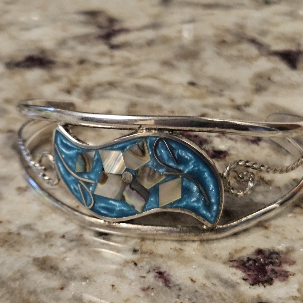 Mexico ALPACA Silver MOTHER OF PEARL AND Turquoise ENAMEL Inlay